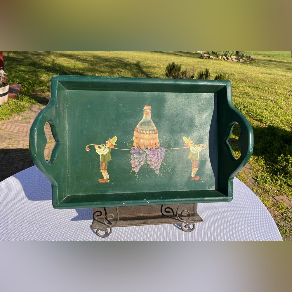 Vintage wooden Serving Tray, Hand painted Austrian men carrying grapes
